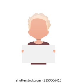 Boy of preschool age Shows a white sheet. Isolated. Cartoon style. Vector illustration