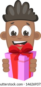 Boy with present, illustration, vector on white background.