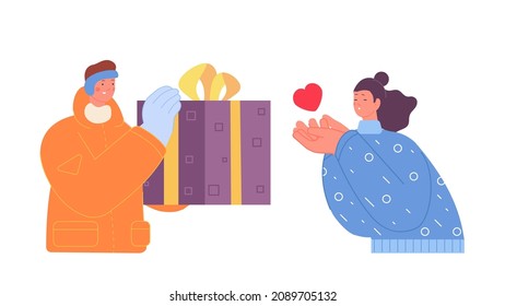 Boy with present. St Valentines day, cute girl in love and kiss. Happy young couple, yought family. Gift for woman, vector concept