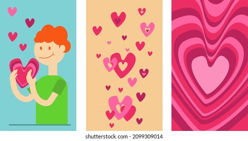Boy with present. St Valentines day set with hearts. Gift for woman, vector concept. Idea for greeting postcard, photo album, wallpaper.