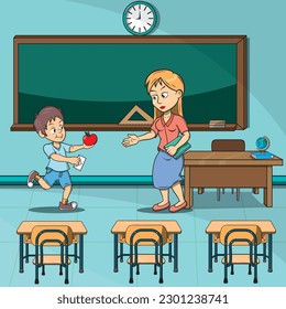 A boy is presenting an apple and a letter to his teacher.
