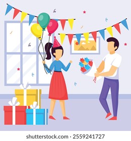 Boy Presenting the flowers to Her Girl Friend concept, Couple Enjoying the company vector design, special anniversary events card, Cheers to another year banner, indoor Party People scene illustration