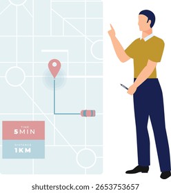 Boy está apresentando a distância de localização, indicando o espaço físico ou conceitual entre os pontos, muitas vezes medido em milhas, quilômetros.