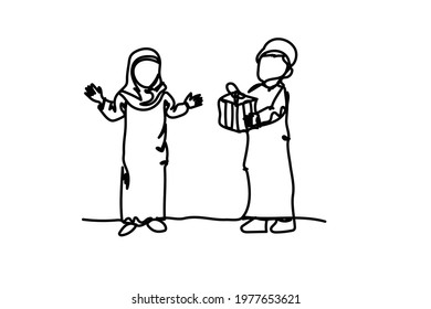 The boy presents a gift to his sister in eid 