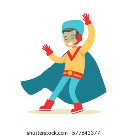 Boy Pretending To Have Super Powers Dressed In Handmade Superhero Costume With Blue Cape Smiling Character