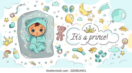 It's a Boy or prince template for invitation. Baby shower banner. Big set with cartoon newborn boy, bear, balloons, flowers, clouds, moon, stars, crown, toys. Vector cute children illustration