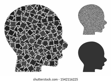 Boy profile mosaic of tremulant parts in different sizes and shades, based on boy profile icon. Vector inequal parts are united into collage. Boy profile icons collage with dotted pattern.