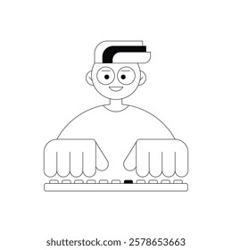 Boy programmer freelancer working and coding. Student character line illustration