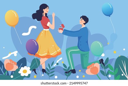 Boy proposes to girl on Valentine's day, romantic love, vector illustration