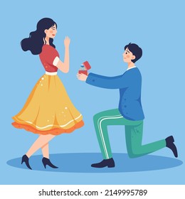 Boy proposes to girl on Valentine's day, romantic love, vector illustration