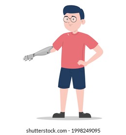 Boy With Prosthetic Arm Vector Isolated. Bionic Limb, Amputee Child. Concept Of People With Disability. Happy Little Kid Standing.