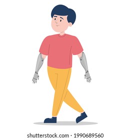 Boy With Prosthetic Arms Vector Isolated. Bionic Limb, Amputee Child. Concept Of People With Disability. Happy Little Kid Standing.