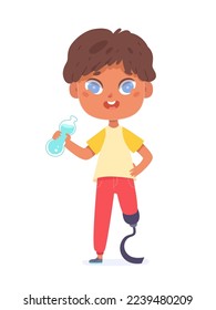 Boy with prosthetic leg vector illustration. Cartoon isolated cute disabled kid holding water bottle, standing on artificial limb, active walk of little child with prosthesis and physical disability