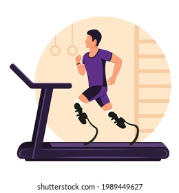 A boy with prosthetic legs runs on a treadmill. A disabled man is running. Rehabilitation for Physically Disabled.