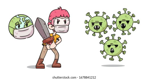 boy protecting earth from covid-19 coronavirus illustration