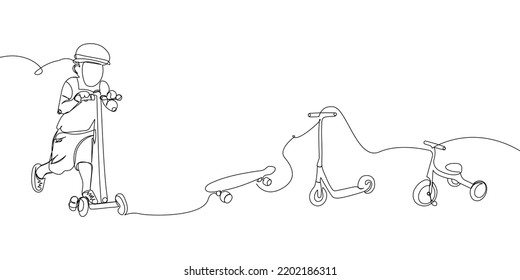 Boy in a protective helmet on a scooter with tricycle and skateboard set one line art. Continuous line drawing sport, scooter, transportation, child, childhood, riding, healthy, urban, mobility.