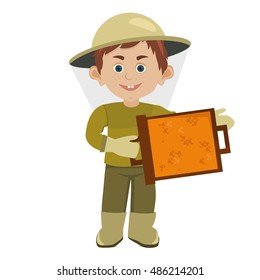 A boy in protective suit holding a framework with bee honeycombsin hand. Vector flat design illustration in the circle isolated on background. young beekeeper holds honeycomb