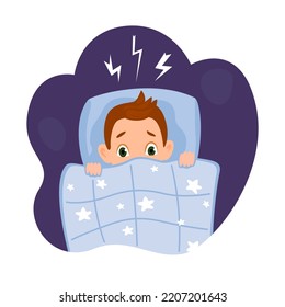 Boy pulling blanket and afraid. Male character having insomnia because of bad dreams and nightmares. Thoughts in head. Cartoon character in flat style vector