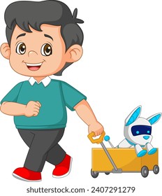 Boy pulling cart with cyber dog of illustration