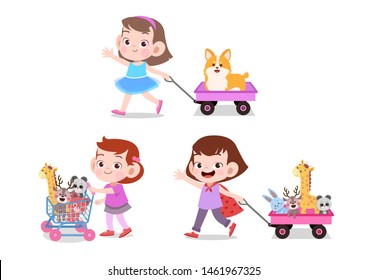 Boy pulling cart full of toys illustration