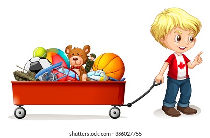 Boy pulling cart full of toys illustration