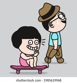 A Boy is Pulling A Cheeky Girl Who is Sitting On A Skateboard In Tow Concept Card Character illustration