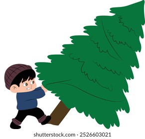 A boy is pulling down a Christmas tree on a snowy day