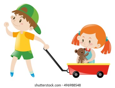 Boy pulling girl in a cart