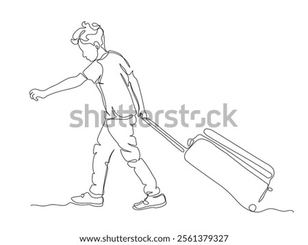 Boy pulling heavy suitcase. Side view. Continuous line drawing. Black and white vector illustration in line art style.