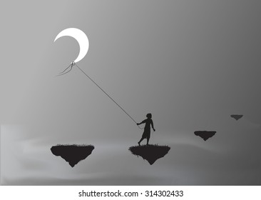 niño tirando de la luna y caminando sobre una roca voladora, robando la luna, el maravilloso, el sueño, las sombras 