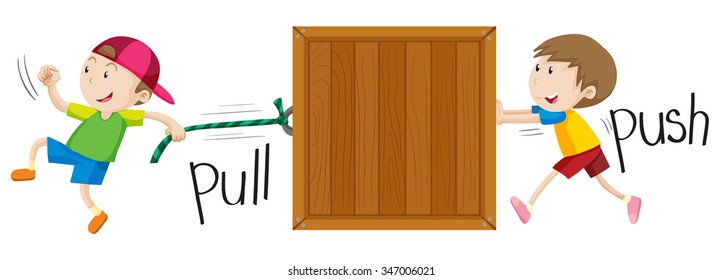 Boy pulling and pushing wooden box illustration