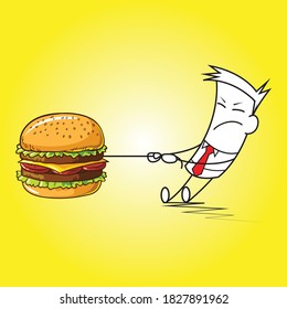 Boy pulling rope on burger and yellow background illustration