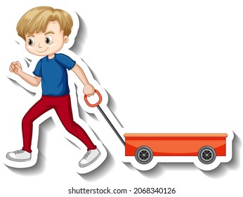 Boy pulling wagon cartoon character sticker illustration
