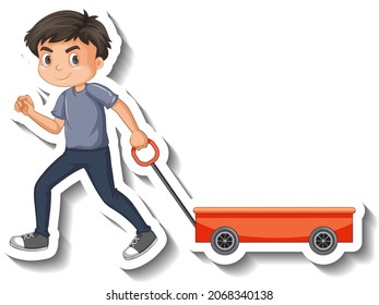 Boy pulling wagon cartoon character sticker illustration