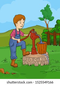 Boy pulling water in the tumbler.