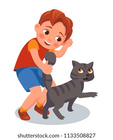 Junge zieht den Schwanz der Katze. Tiermissbrauch. Cartoon-Vektorgrafik