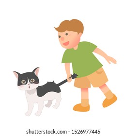 A boy pulls cat's tail. animal abuse. cartoon vector illustration.