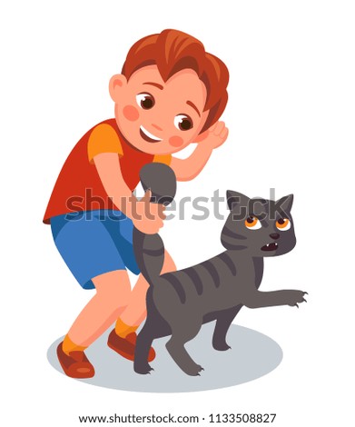 boy pulls cat's tail. animal abuse. cartoon vector illustration