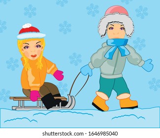 Un chico se arroja a una chica en invierno.