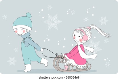 niño tira a la chica en trineo