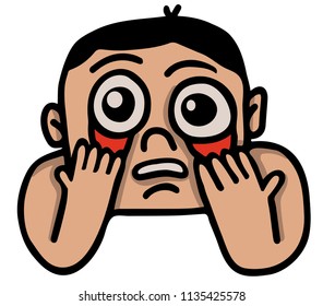 boy pulls his eyelids down, grimacing