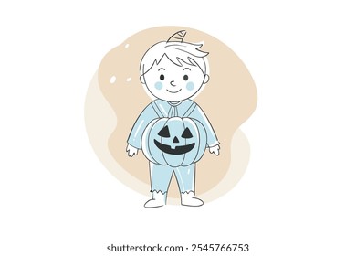 Boy in pumpkin autumn costume for Halloween holiday. Vector illustration