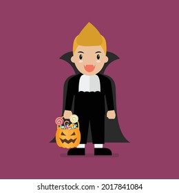 Boy with pumpkin basket dressed in vampire costume. Halloween holiday party. Vector illustration
