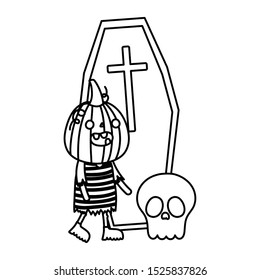 boy pumpkin costume coffin and skull trick or treat happy halloween vector illustration line design