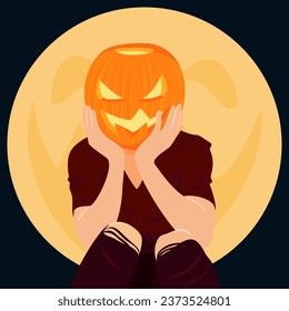 Boy with pumpkin head. Cartoon spooky character. Halloween, magical, mystic illustration for merch, decor, card. 