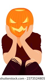 Boy with pumpkin head. Cartoon spooky character. Halloween, magical, mystic illustration for merch, decor, card. 