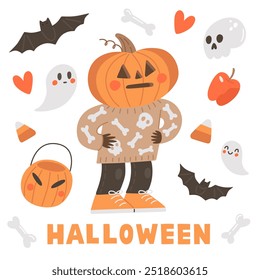 Menino com cabeça de abóbora com elementos de Halloween - fantasmas, crânio, ossos, morcegos. Bonito cartão de saudação de outono. Ilustração vetorial de Halloween de Jack O'Lantern.