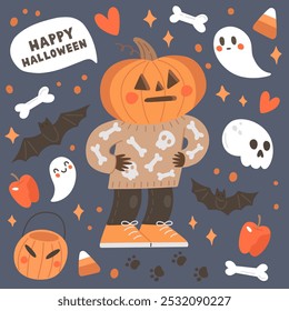 Junge mit Kürbiskopf mit Halloween-Elementen - Geister, Schädel, Knochen, Fledermäuse. Nette Herbst-Grußkarte. Halloween-Vektorgrafik von Jack O'Lantern. Frohes Halloween