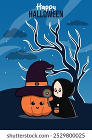 A boy with a pumpkin on Halloween night is carrying candy