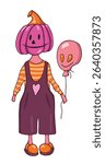 Boy with pumpkin on head in overalls and with balloon. For Halloween card design. Typical Halloween attribute pumpkin. Boy pumpkin. Isolated cartoon figure. Vector illustration for Halloween holiday